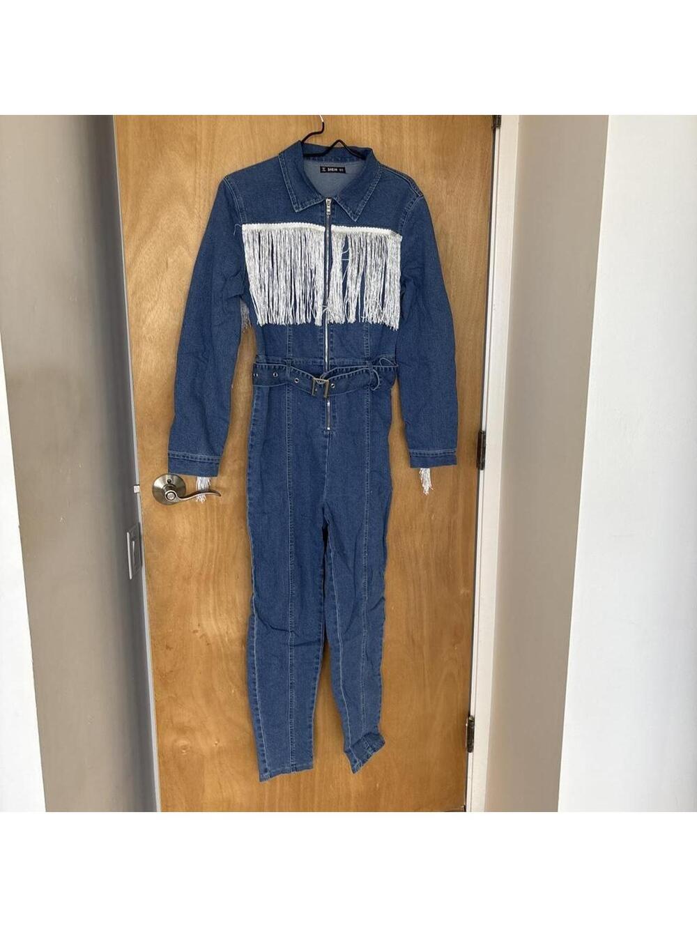SHEIN Denim Fringe Jumpsuit Western Cowgirl One Piece Size M